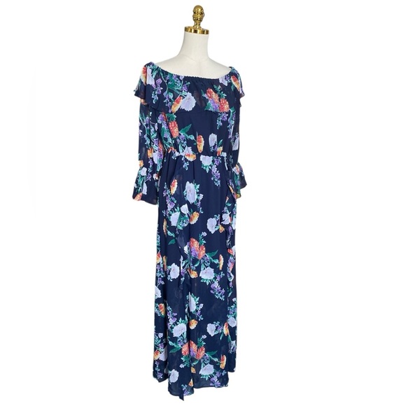 New York &Co Navy Floral Off-Shoulder Ruffled Summer Flowy Fairy Maxi Dress Sz M - Picture 7 of 14